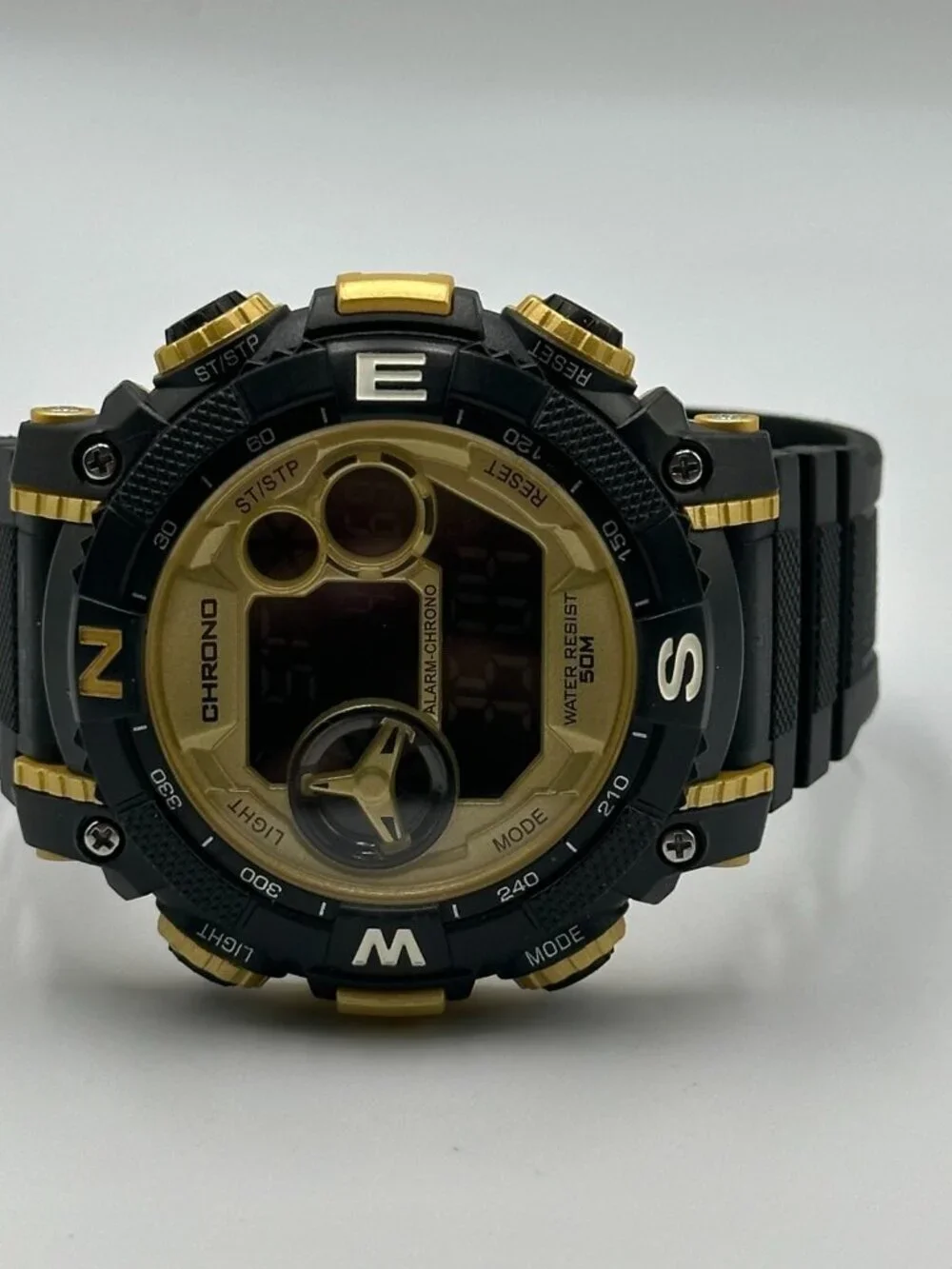 George Digital Watch Men Black Gold 53MM Round Dial Chrono New Battery